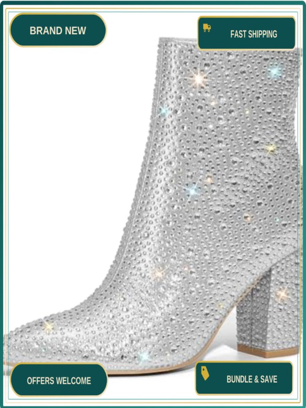 Sparkly Rhinestone Ankle Booties Women's Pointed Toe Block Heel
